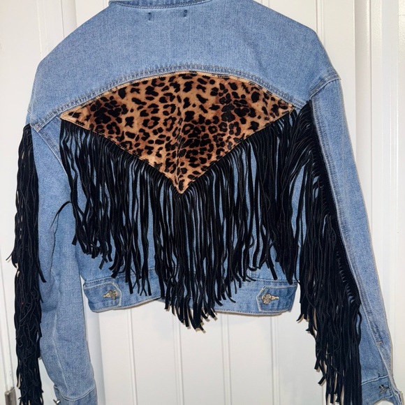 SHEIN Jean Jacket Blue and Black with Fringe and Animal Print - Picture 2 of 13